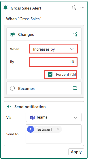Screenshot showing an alert set up if the value increases by 10 percent.