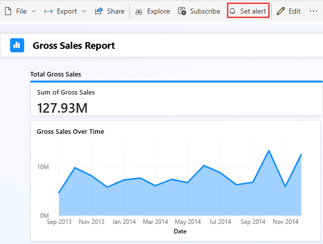 Screenshot showing the Set alert button on the ribbon of the Power BI report.