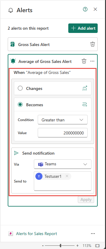 Screenshot showing the Alerts window with an alert that can be edited in the Power BI user interface.
