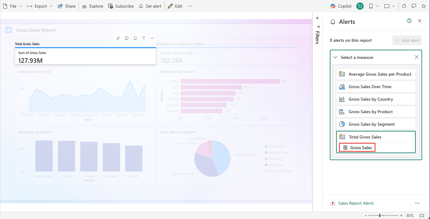 Screenshot showing the Alerts window showing available measures in the report.