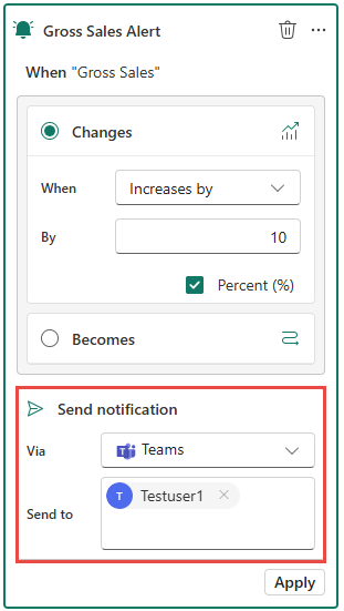 Screenshot showing the alert window showing send notification section.
