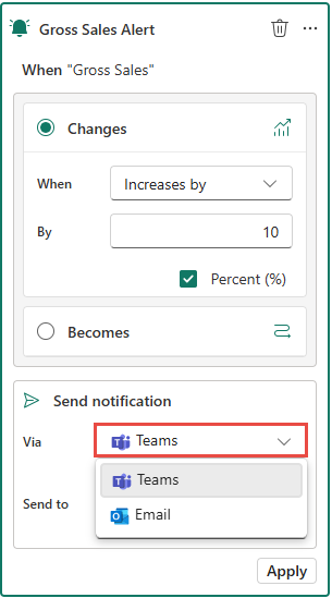Screenshot showing the alert window showing the options for sending notifications.