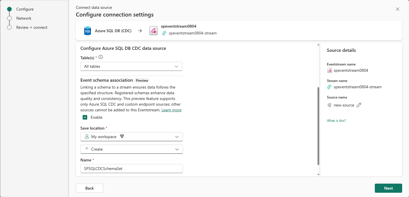 Screenshot that shows the schema setting for an Azure SQL Database CDC source.