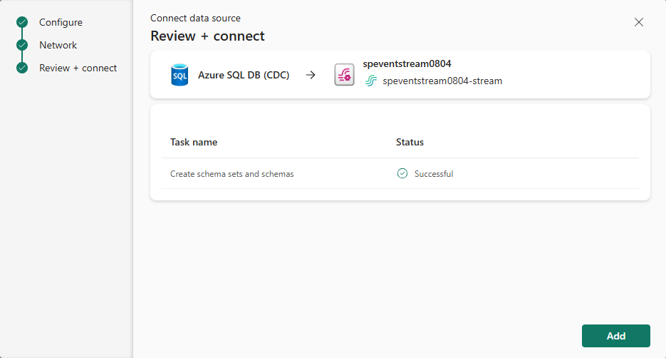 Screenshot that shows the review + connect page for the Azure SQL Database CDC source.
