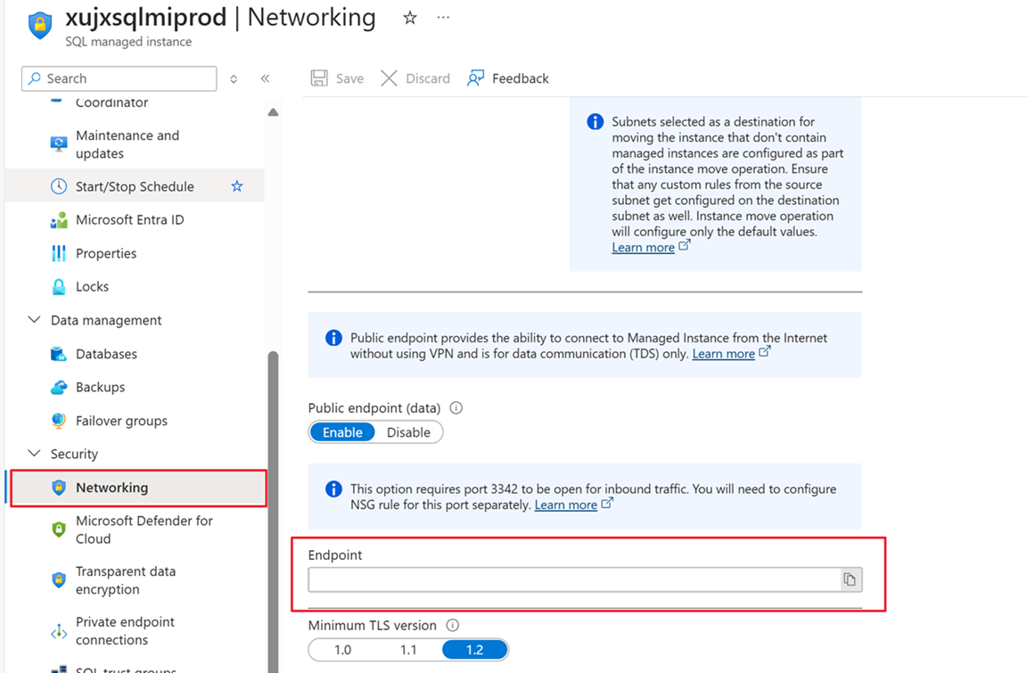 Screenshot that shows the Networking page with Endpoint information.