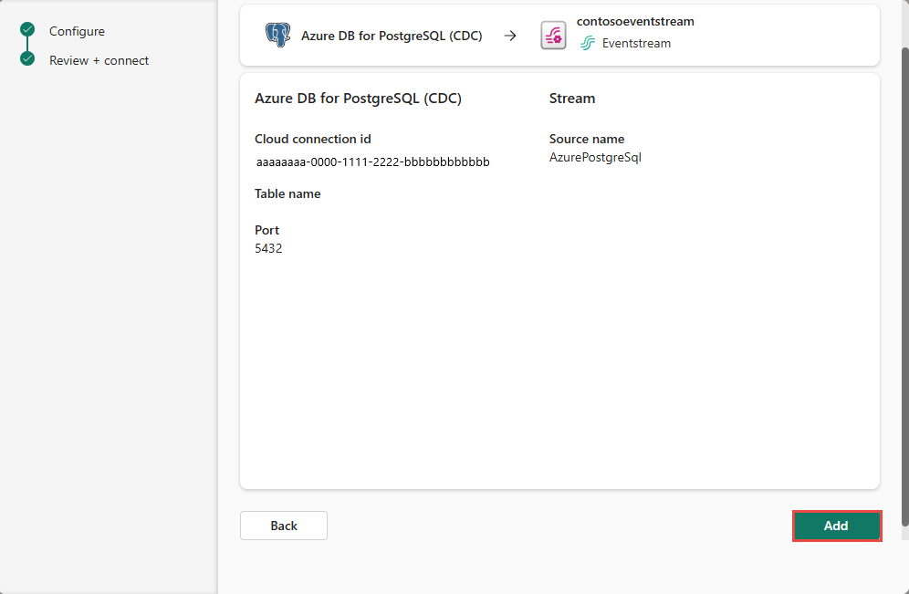 Screenshot that shows the Review and create page filled for the Azure PostgreSQL database connector.