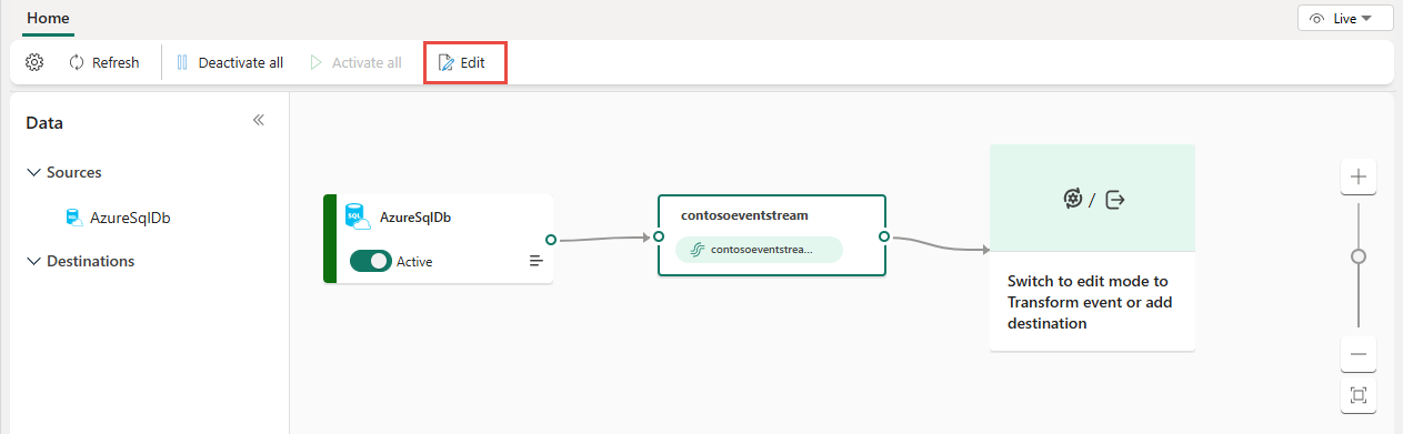 Screenshot of streaming Azure SQL Database CDC source in Live view.