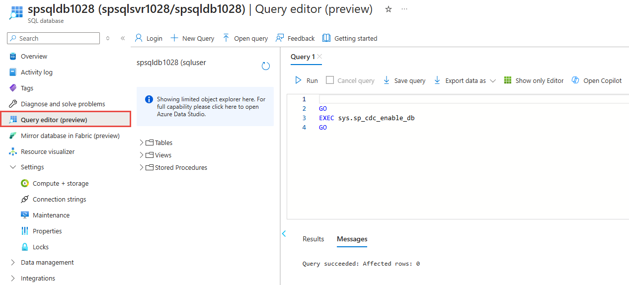 A screenshot of opening Azure SQL database.