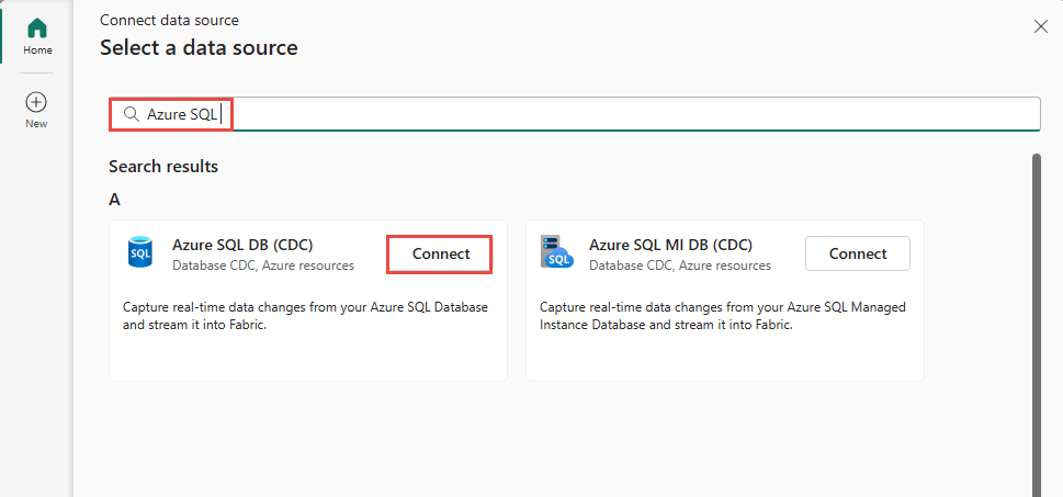 Screenshot that shows the selection of Azure SQL DB CDC as the source type in the Get events wizard.