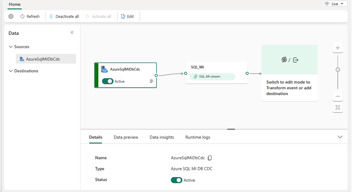 A screenshot of the added Azure SQL MI DB CDC source in Live view mode.
