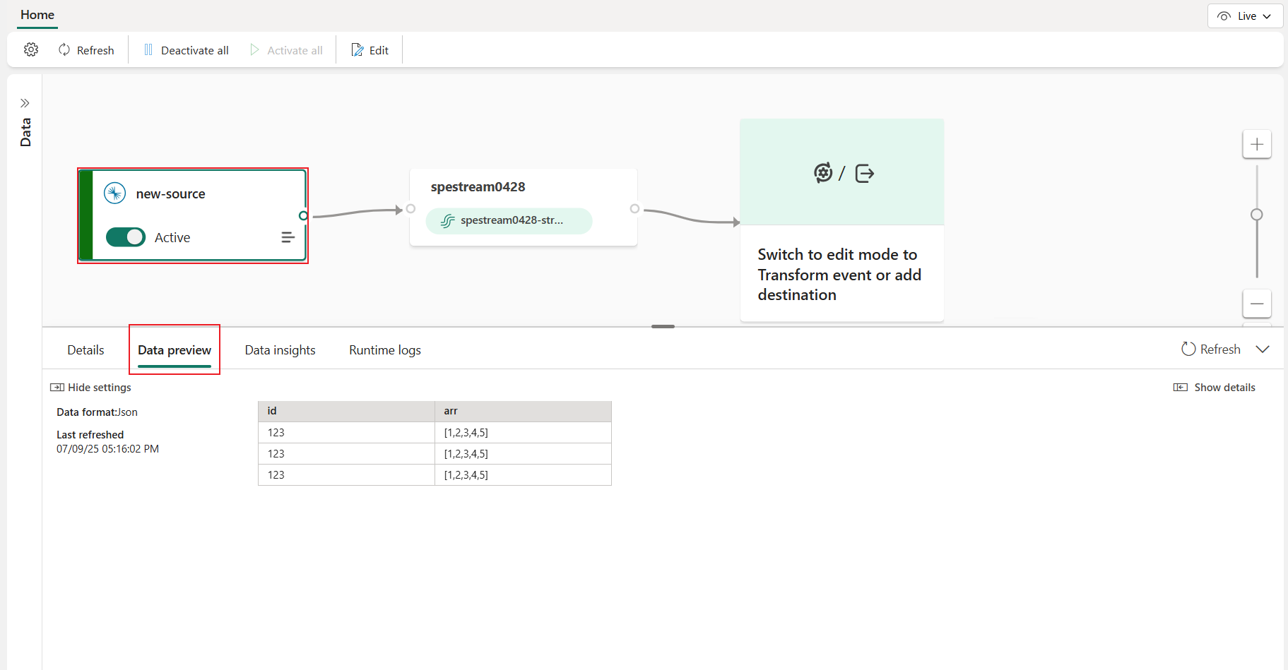Screenshot that shows Confluent Cloud for Apache Kafka source data preview.
