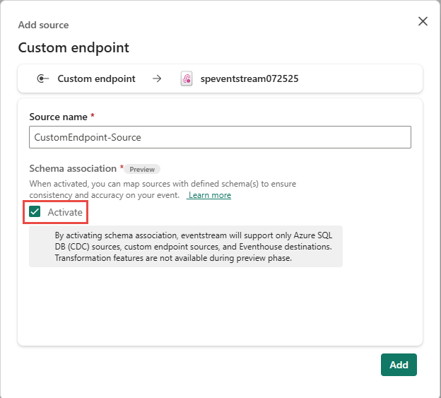Screenshot of Custom endpoint source with an option to associate schemas.