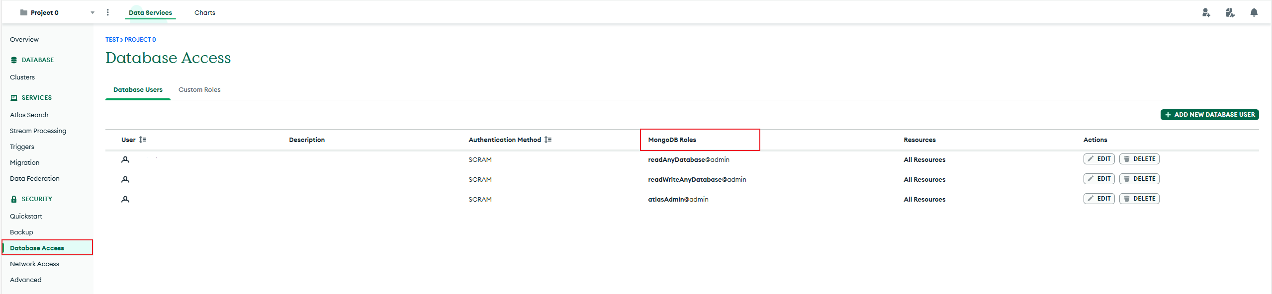 Screenshot that shows how to edit role for MongoDB database.