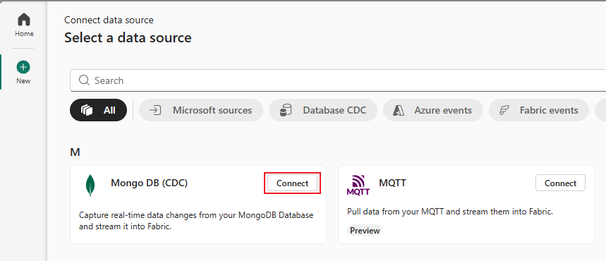 Screenshot that shows the selection of MongoDB (CDC) as the source type in the Get events wizard.