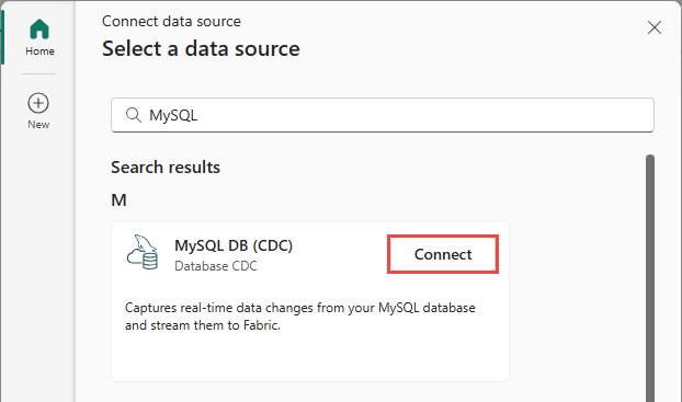 Screenshot that shows the selection of MySQL DB (CDC) as the source type in the Get events wizard.