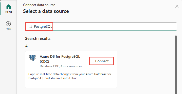 Screenshot that shows the selection of Azure DB for PostgreSQL (CDC) as the source type in the Get events wizard.