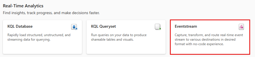 Screenshot showing the Eventstream tile on the Create hub page.