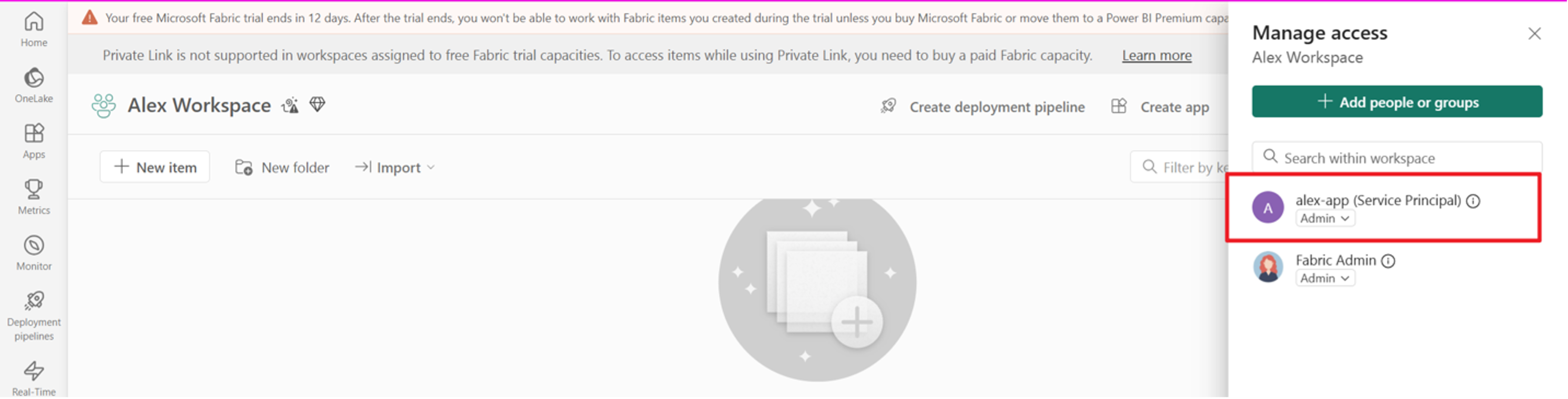 Screenshot of assigning workspace permission to an app.