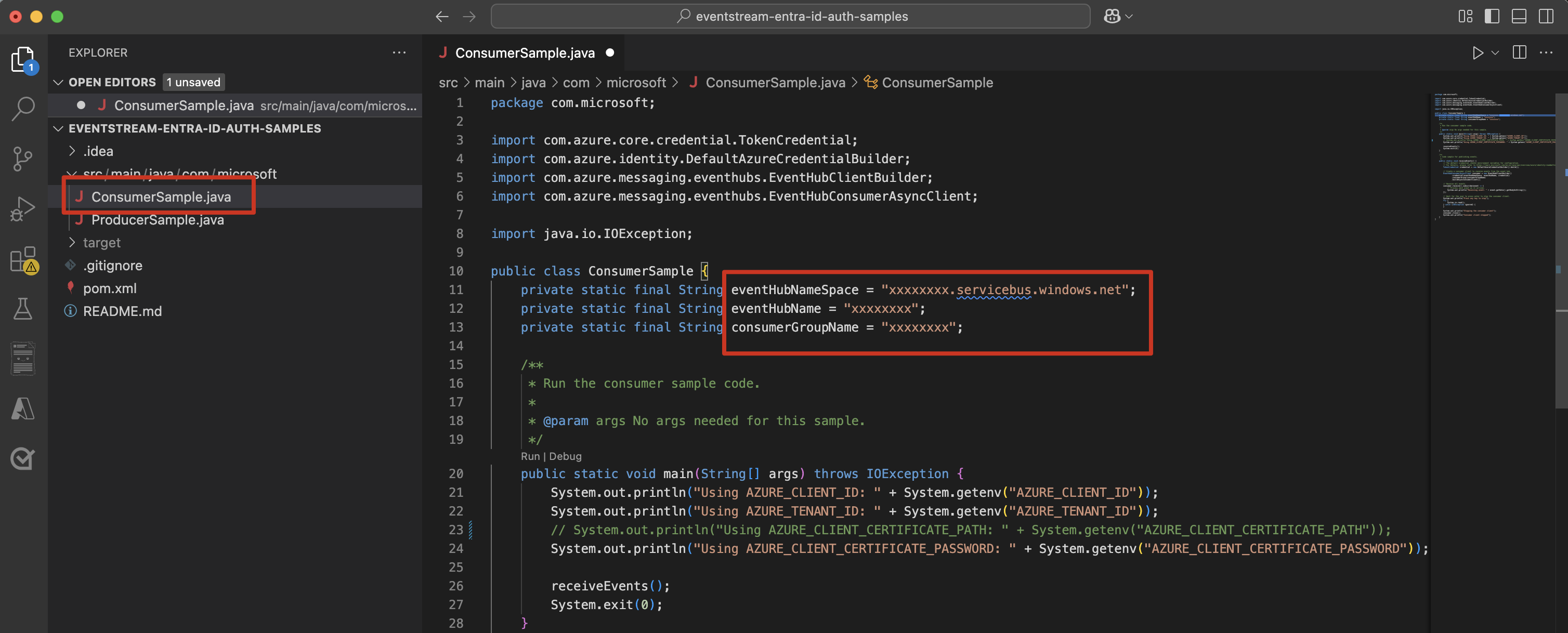 Screenshot of consumer sample code in VS Code.