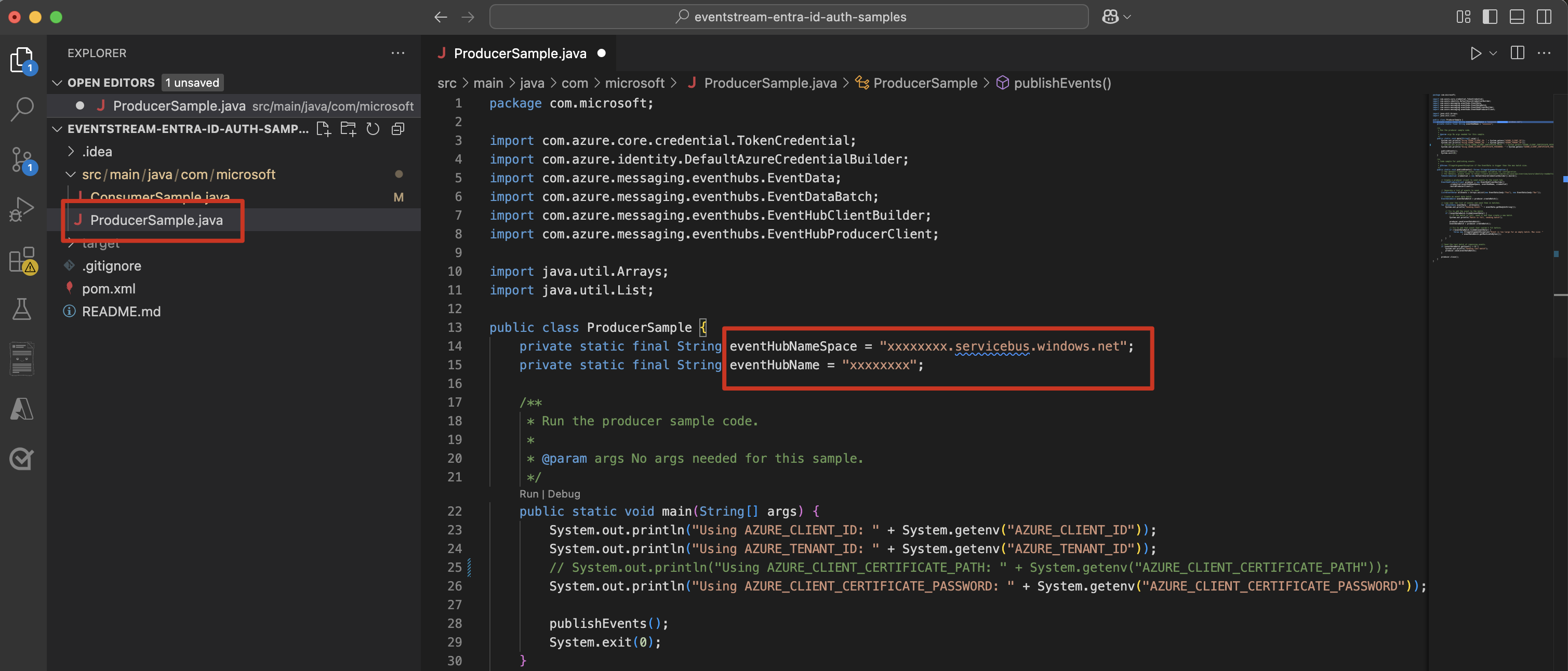 Screenshot of producer sample code in VS Code.