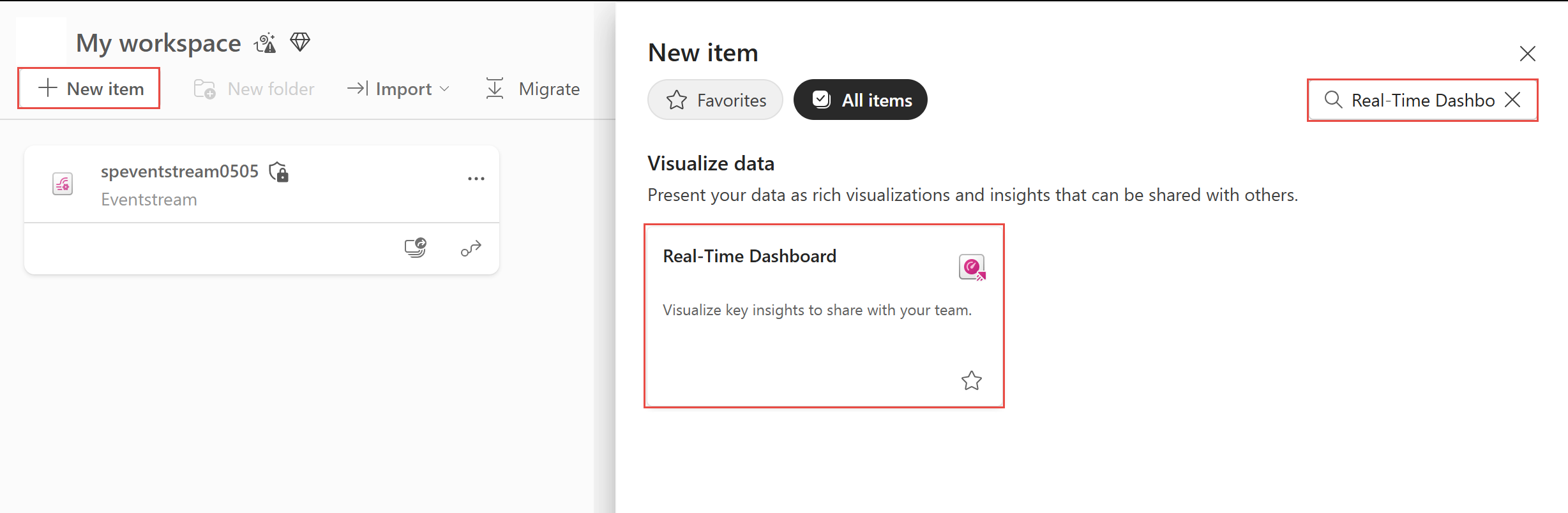 Screenshot of the New item page with Real-Time Dashboard selected.