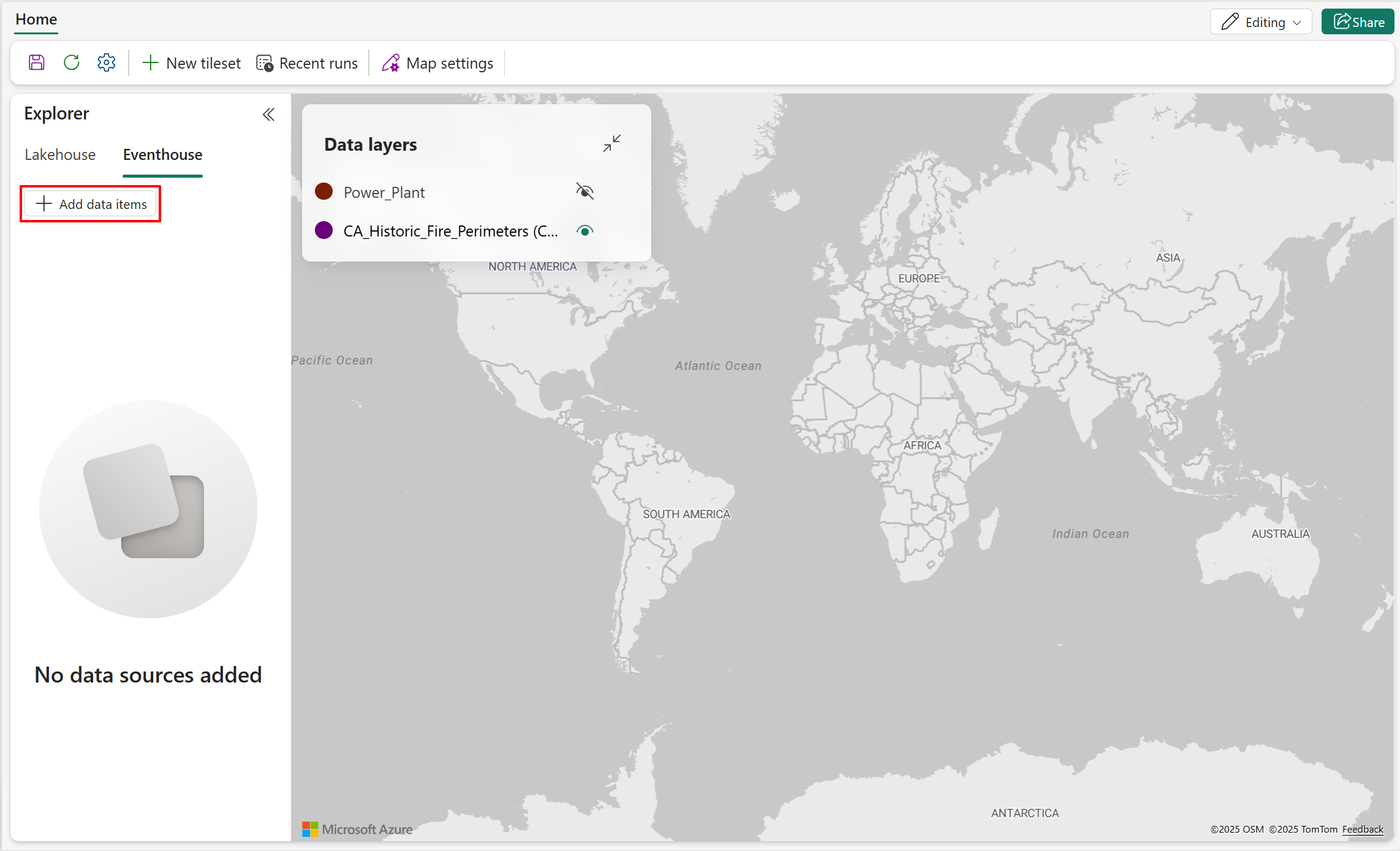 Screenshot of map and highlighting add data items button to connect to eventhouse.