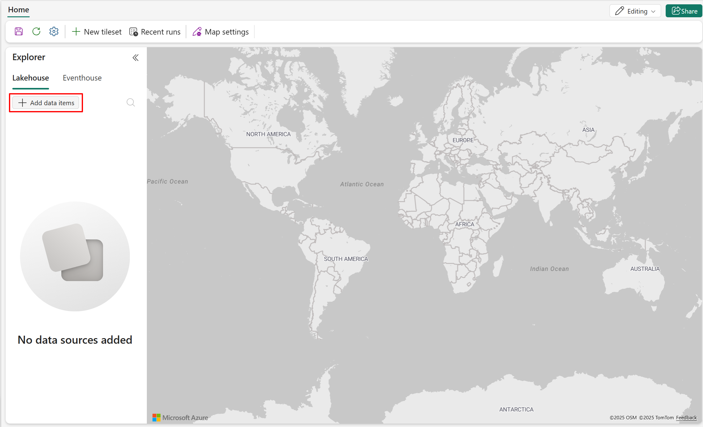Screenshot of blank map and highlighting add data items button to connect to lakehouse.