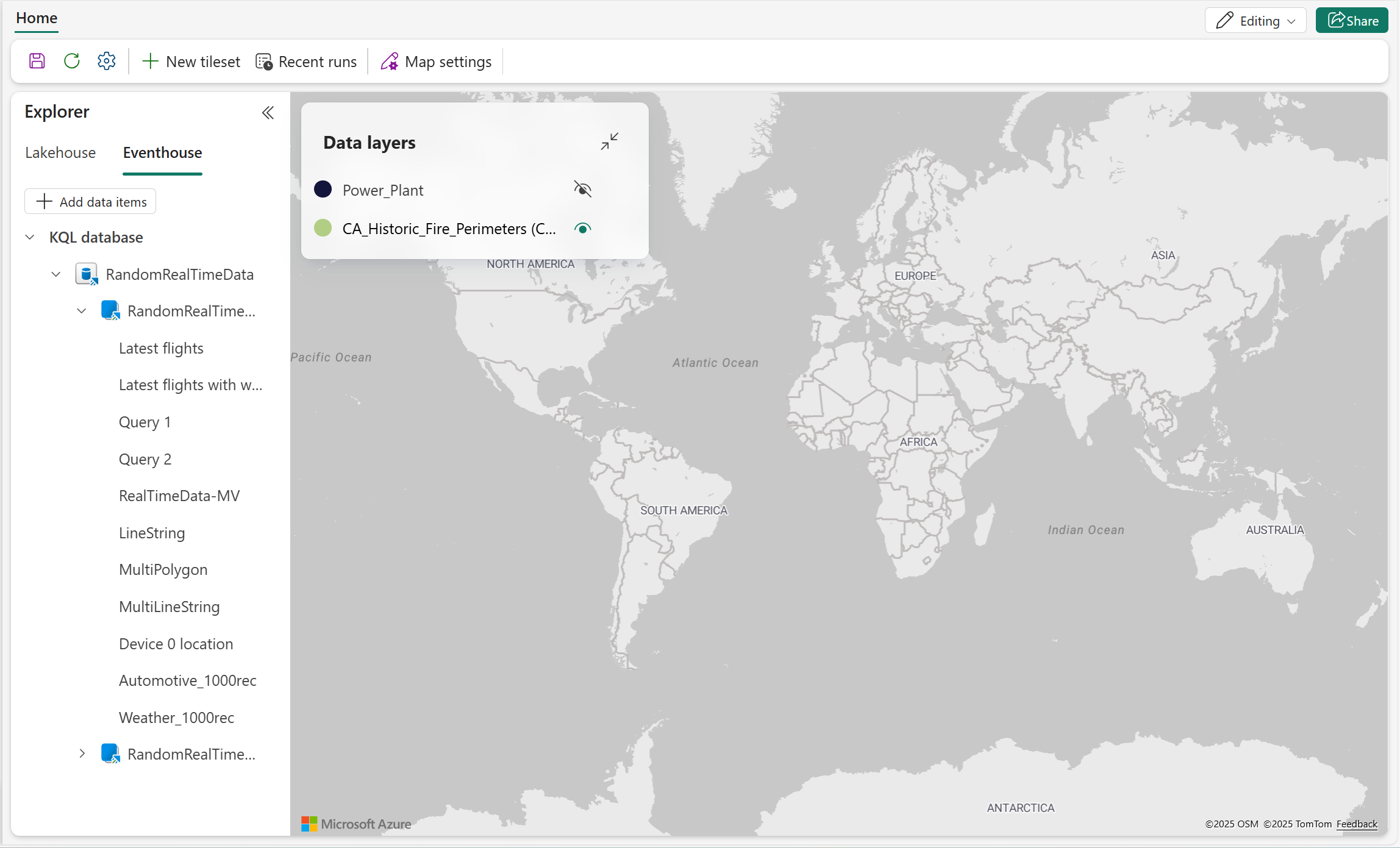 Screenshot of OneLake catalog with filtering to eventhouse.