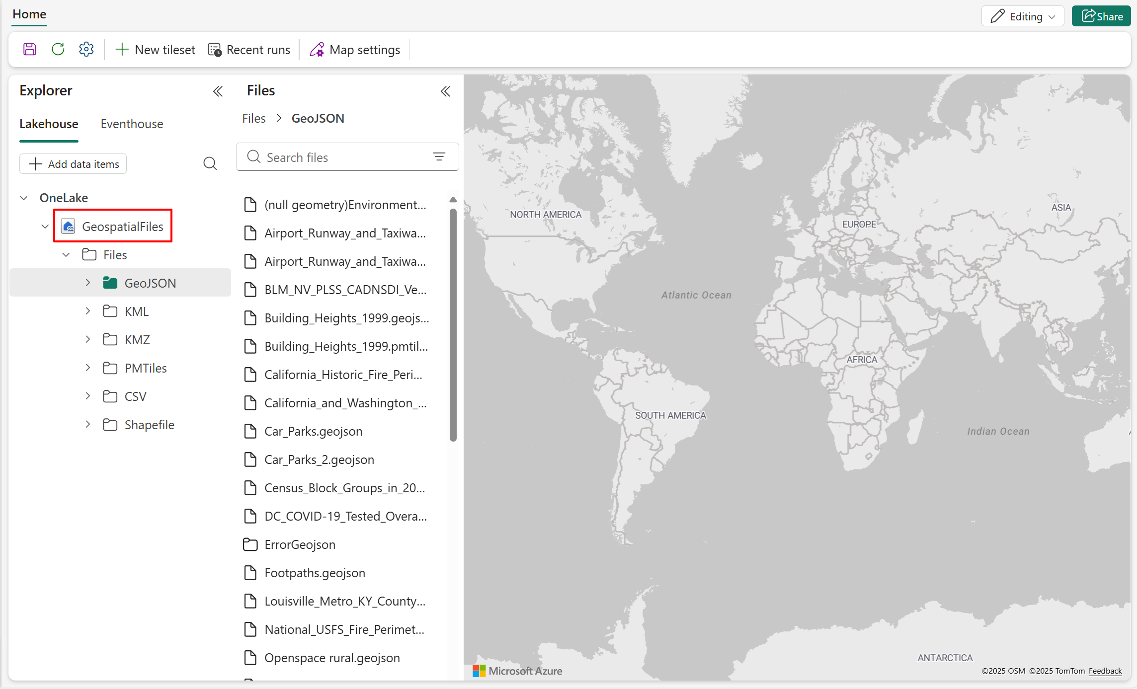 Screenshot of OneLake catalog showing GeospatialFiles.