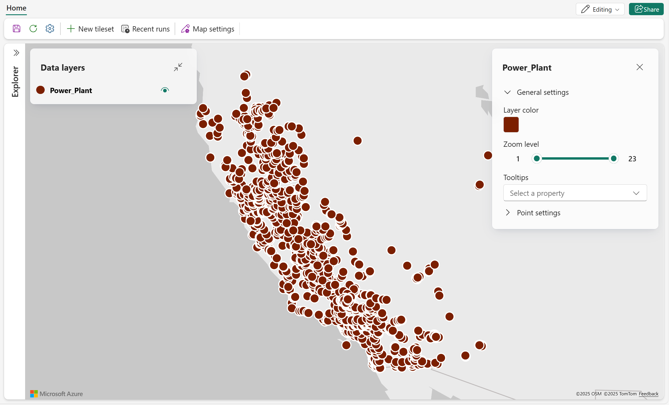 Screenshot of the map after selecting 'Zoom to fit', where the map zoomed in to show only the portion of the map with data points displayed.