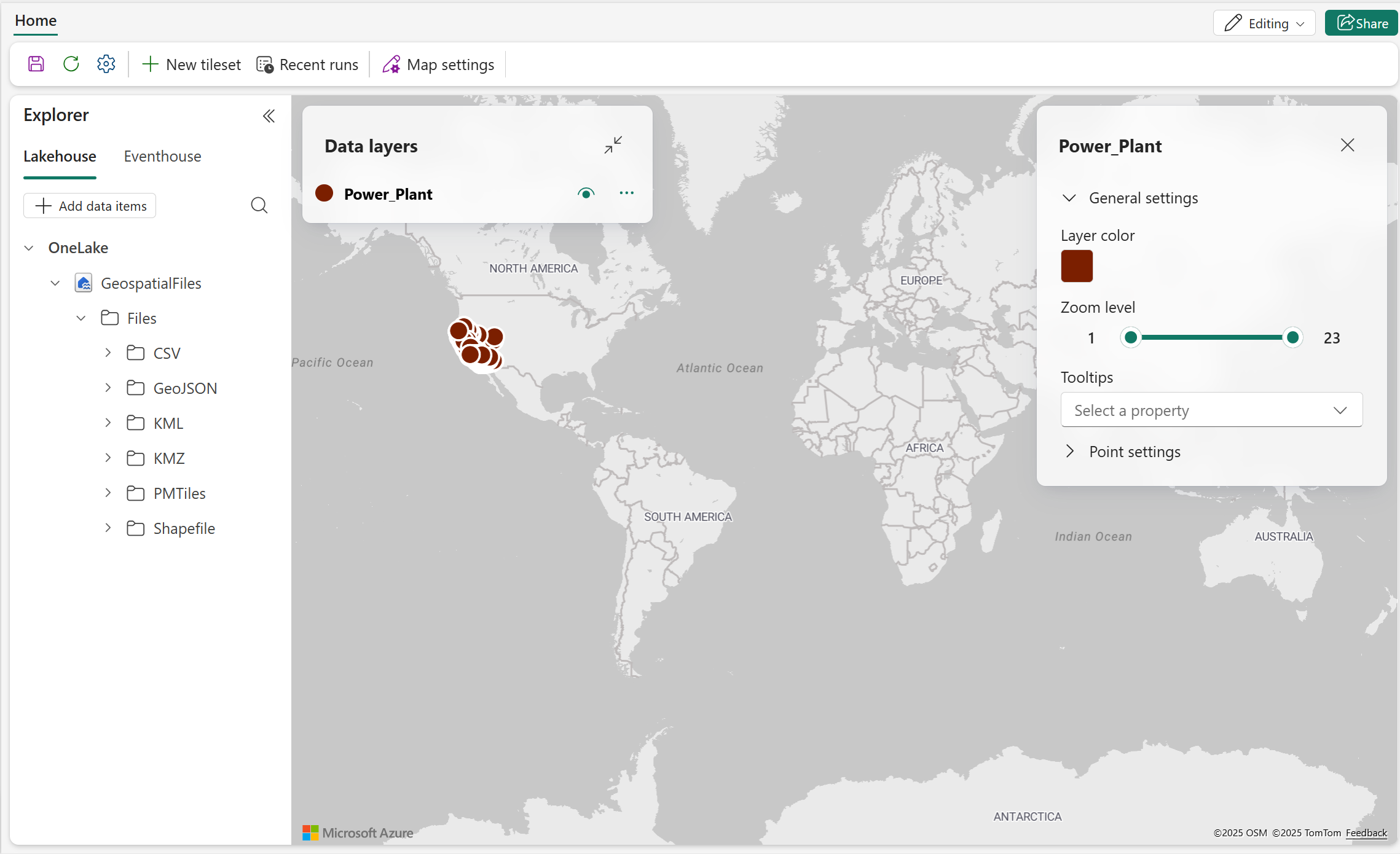 Screenshot of GeoJSON point data rendered on the map that consist of power plant locations in California.
