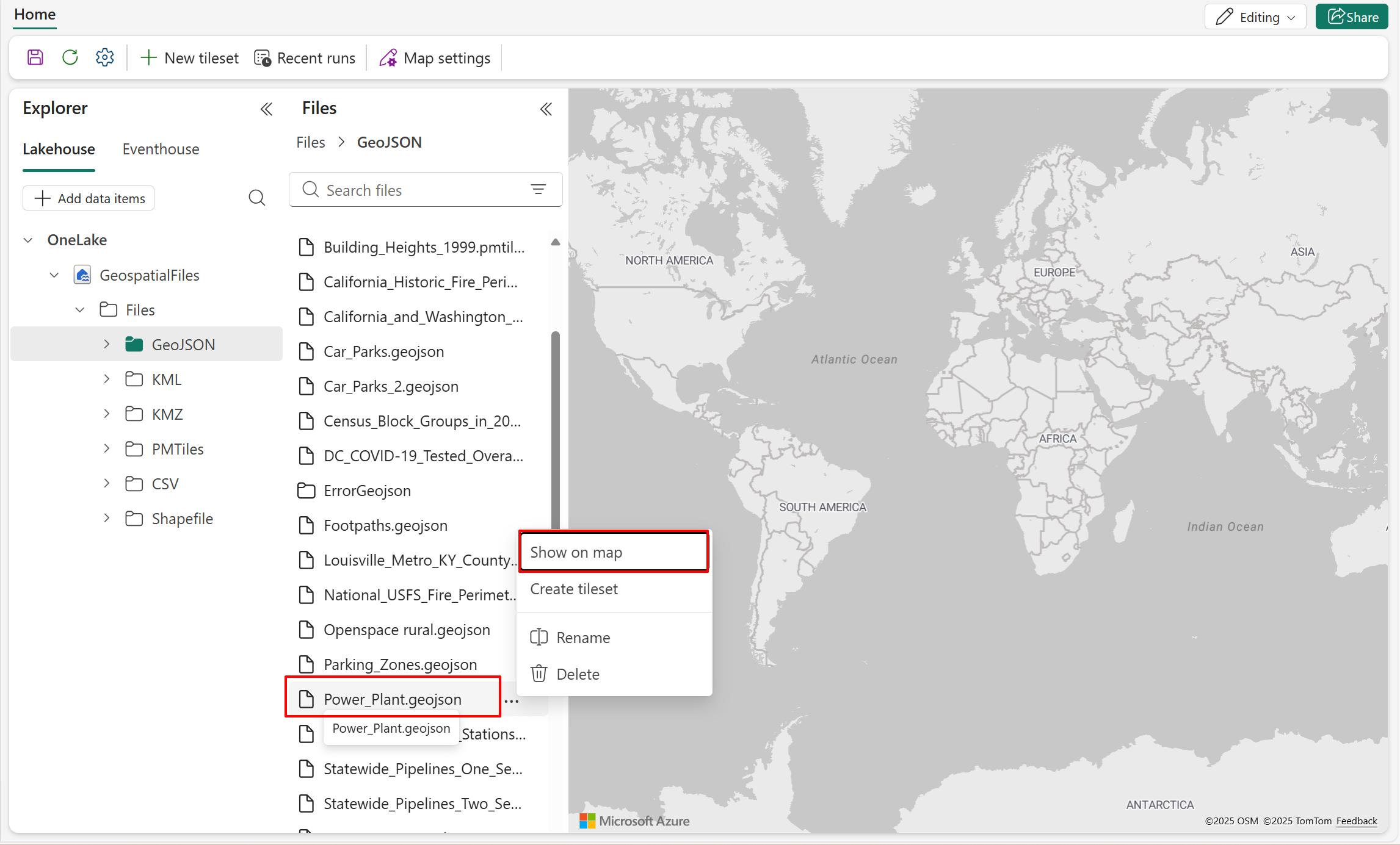 Screenshot with a list of GeoJSON files that can be added to the map.