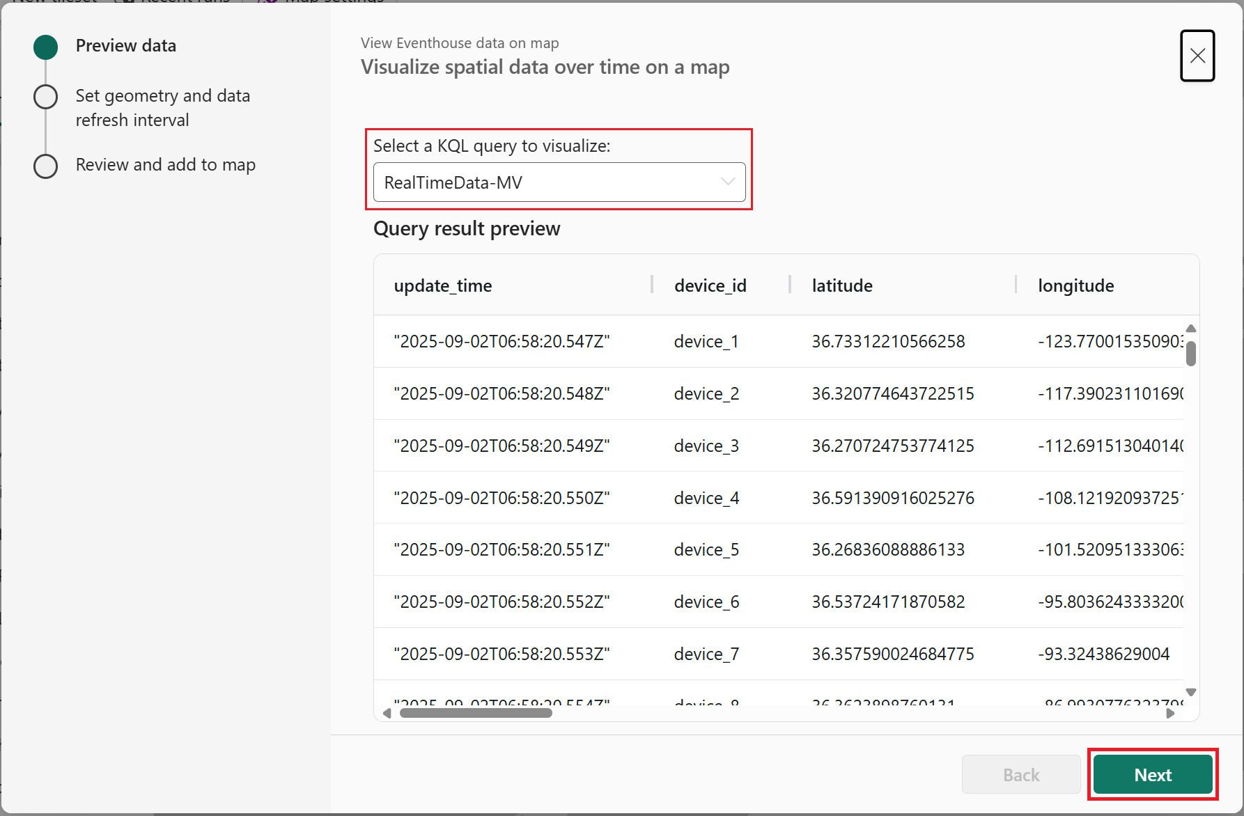 Screenshot of KQL query data preview.