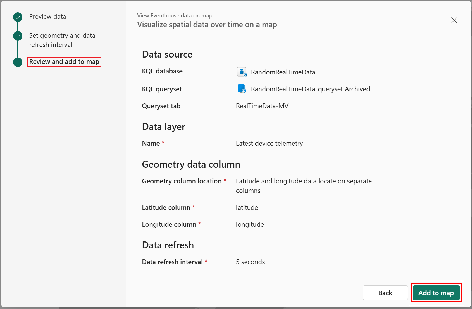 Screenshot of review of KQL query visualization settings.
