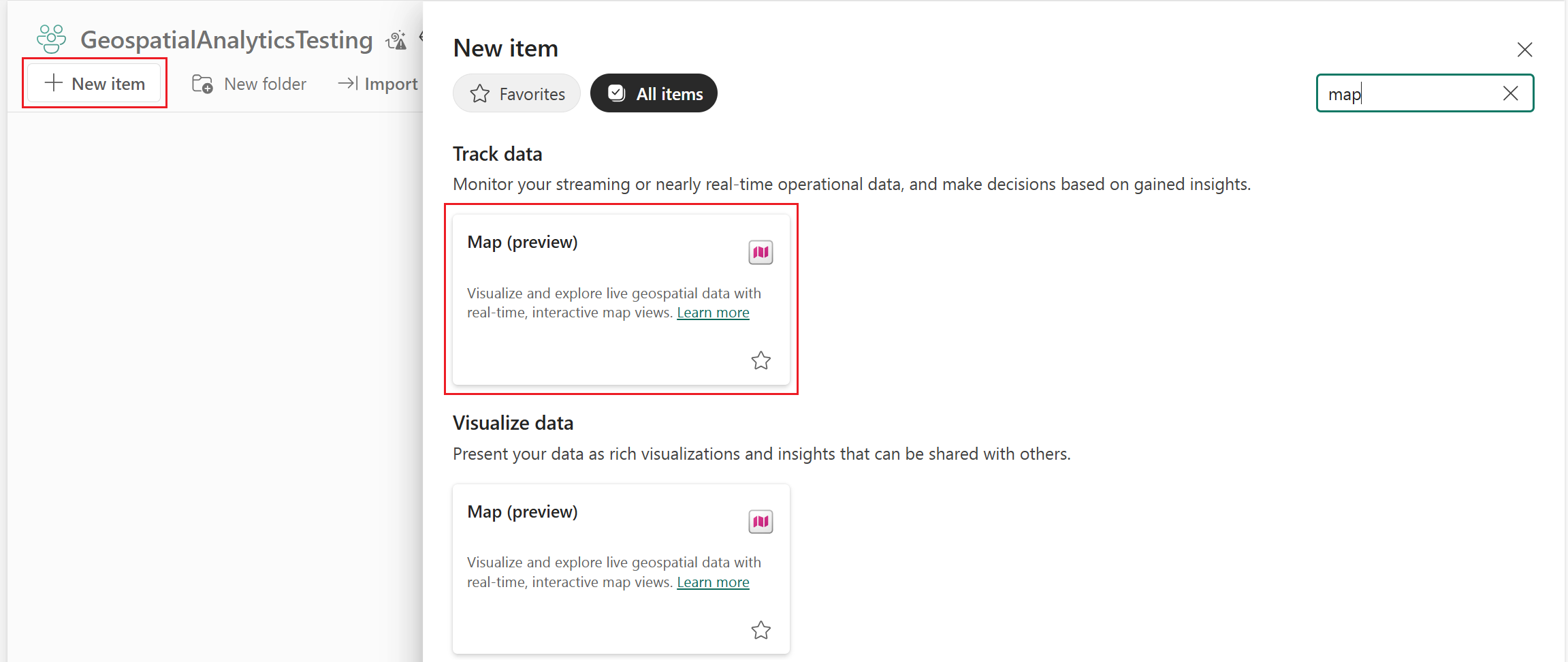 Screenshot of the New item page with Map filtered.