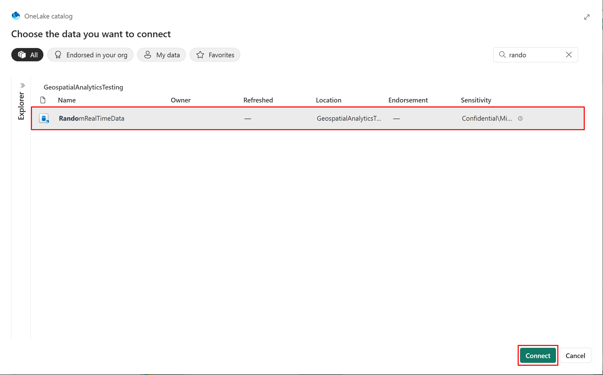 Screenshot of OneLake catalog with filtering to eventhouses.