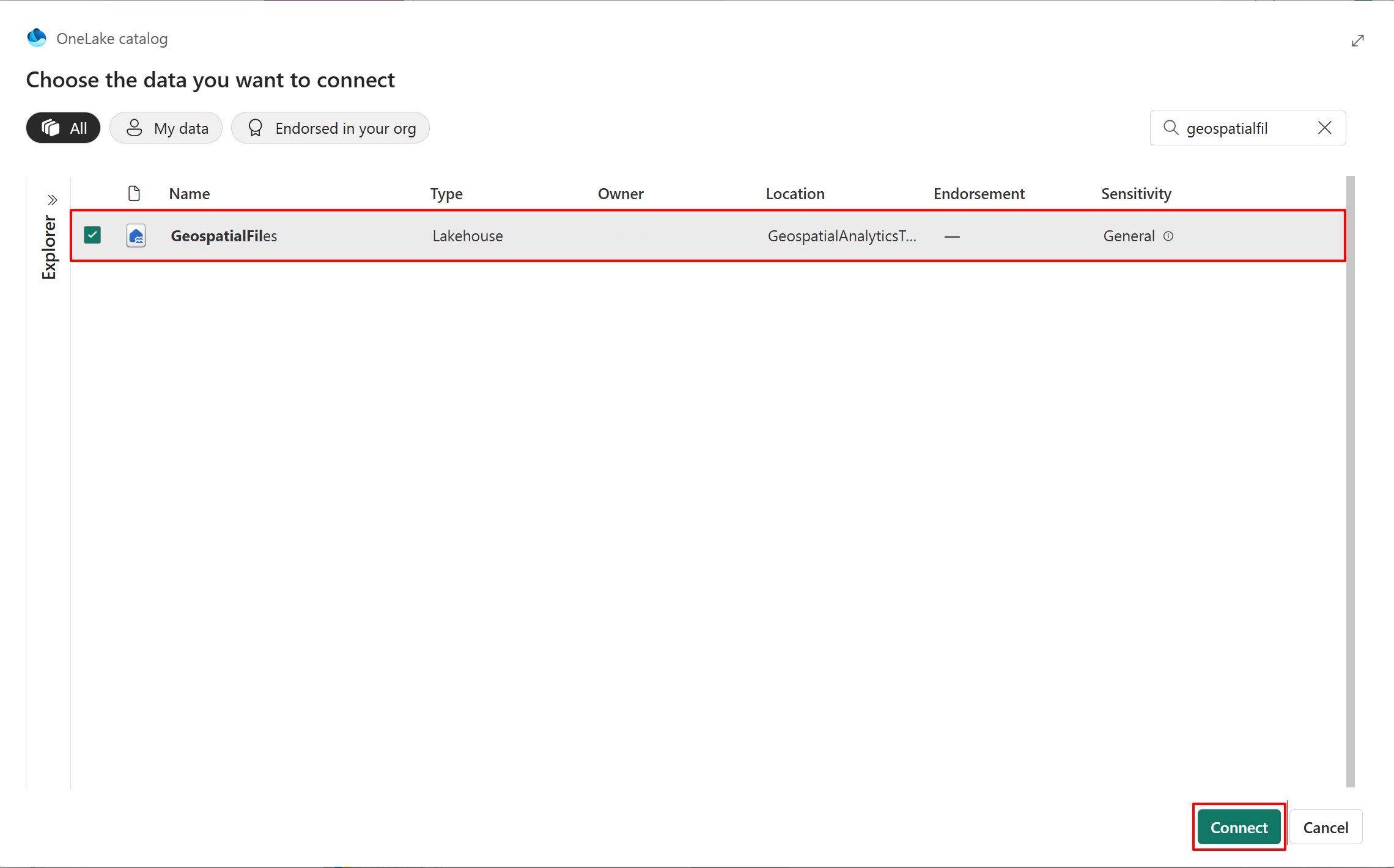 Screenshot of OneLake catalog to choose the data you want to connect.