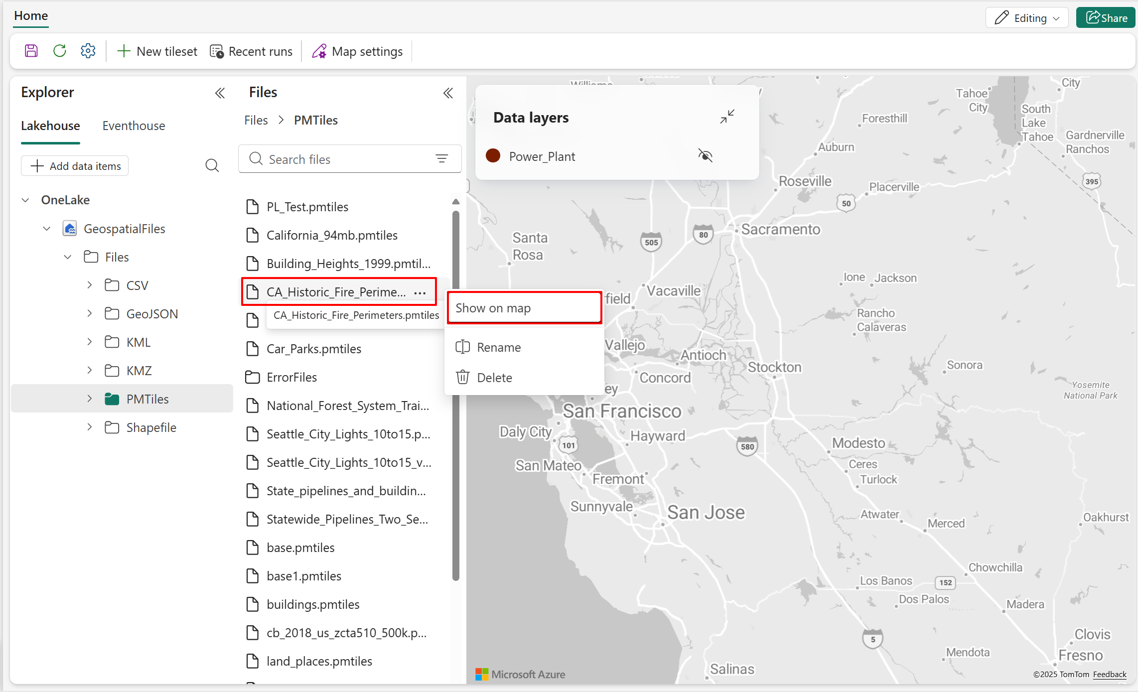 Screenshot showing a list of PMTiles with the ellipsis menu selected on one of the files, showing the popup menu with 'show on map' highlighted.