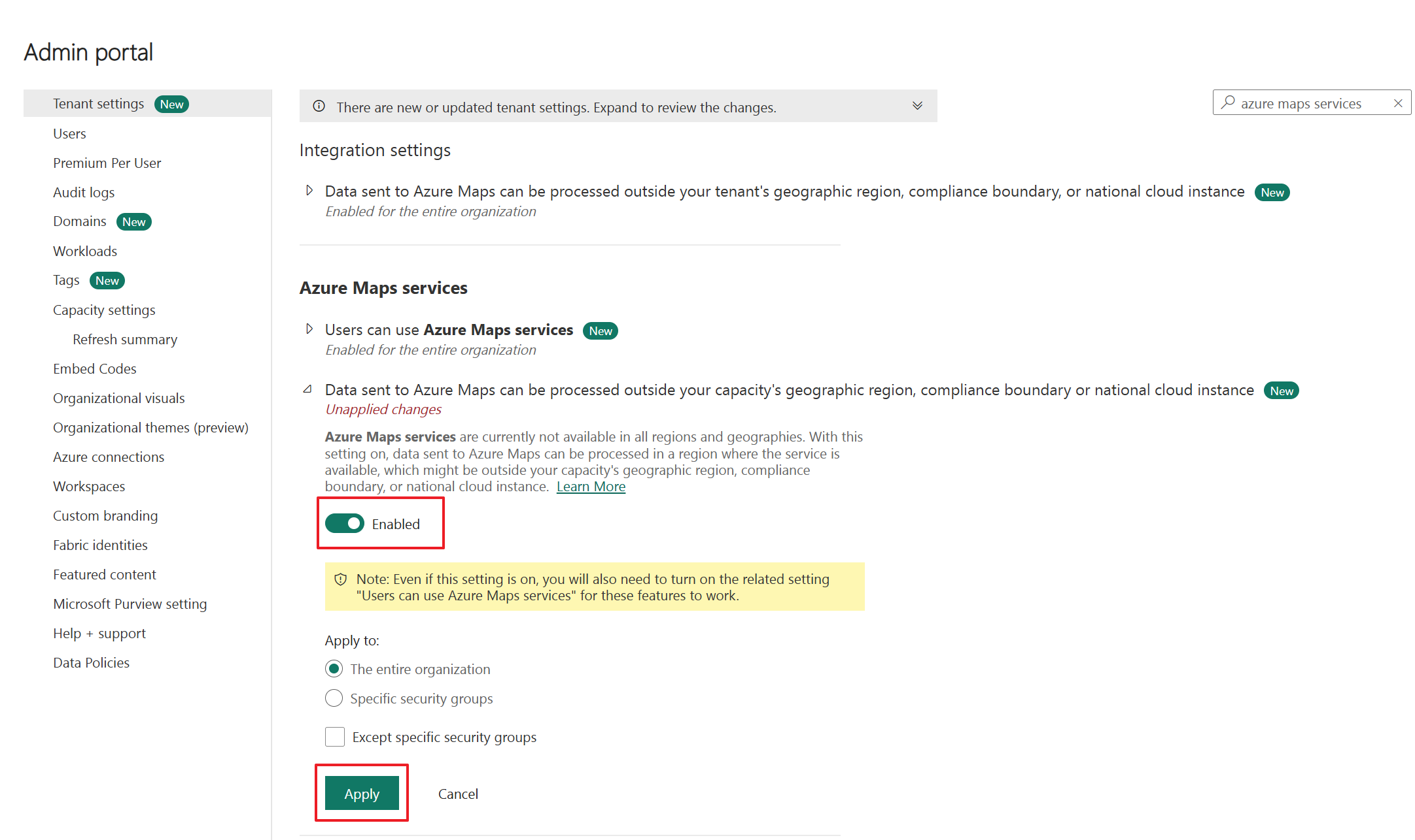 Screenshot of tenant settings for Map showing the toggle button for the specified setting.