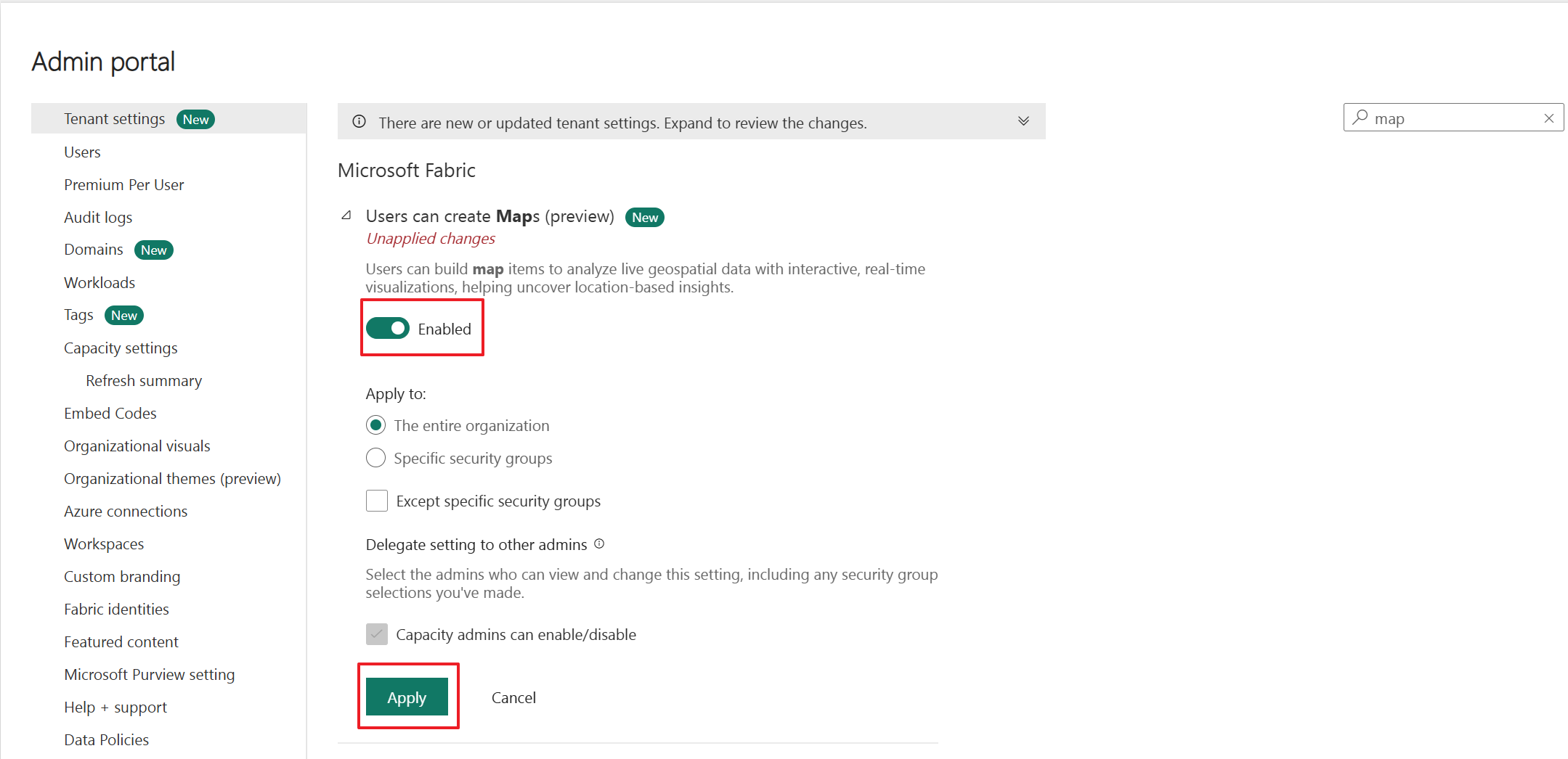 Screenshot of tenant settings for Maps showing the toggle button for the Users can create Maps setting.