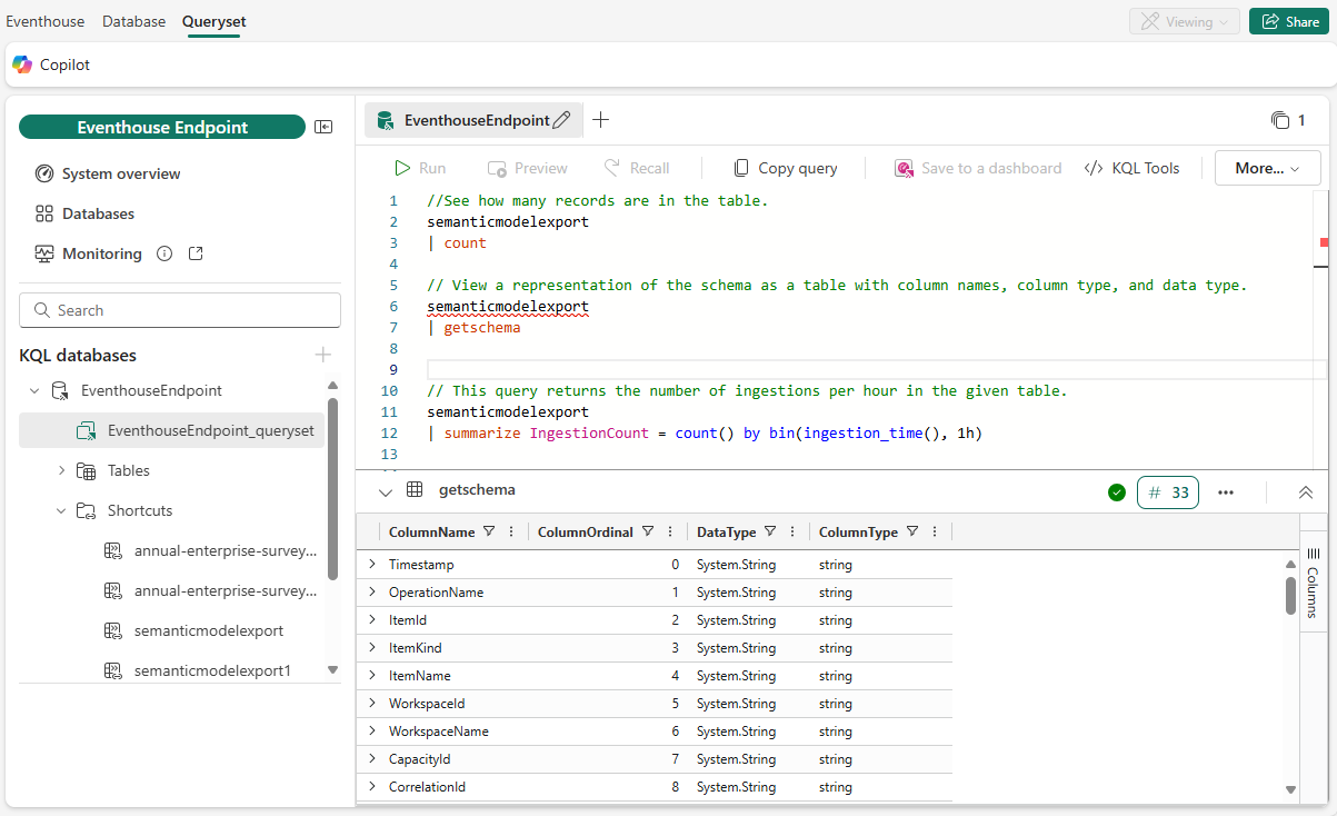 Screenshot of the KQL queryset with a get table schema query.