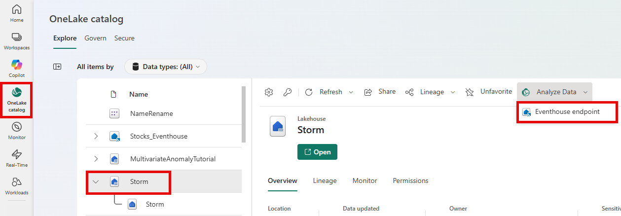 Screenshot of enabling the Eventhouse endpoint from the Lakehouse ribbon.