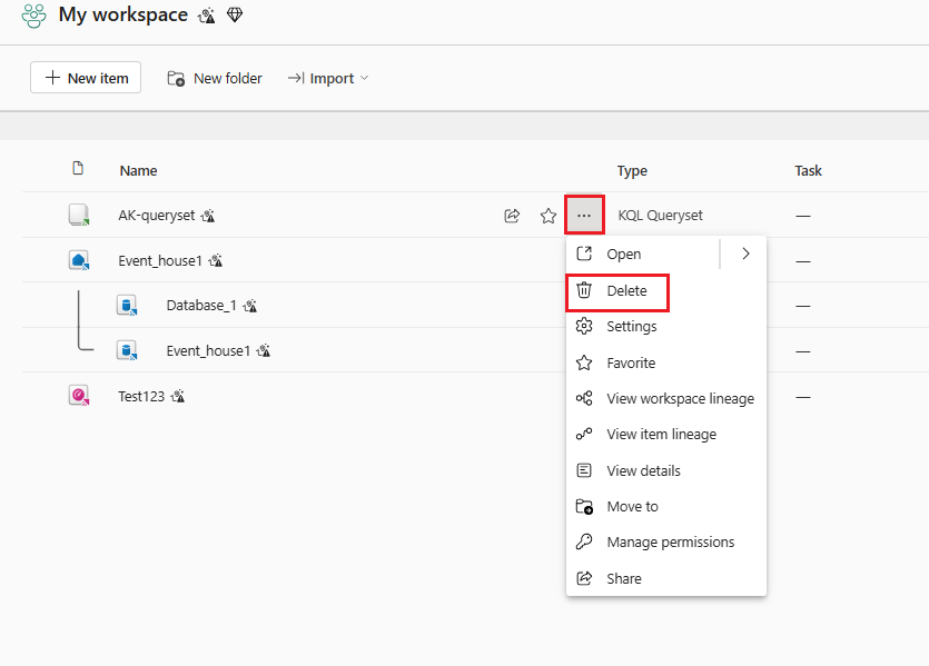 Screenshot of Microsoft Fabric workspace showing how to delete a KQL queryset.