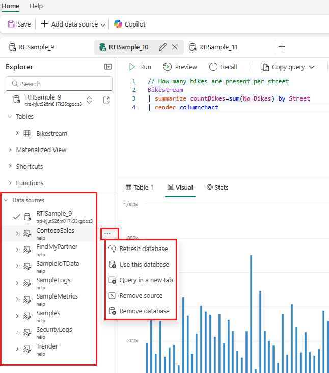 Screenshot showing the lower section of the Explorer pane where all data sources that were added to your queryset are listed.