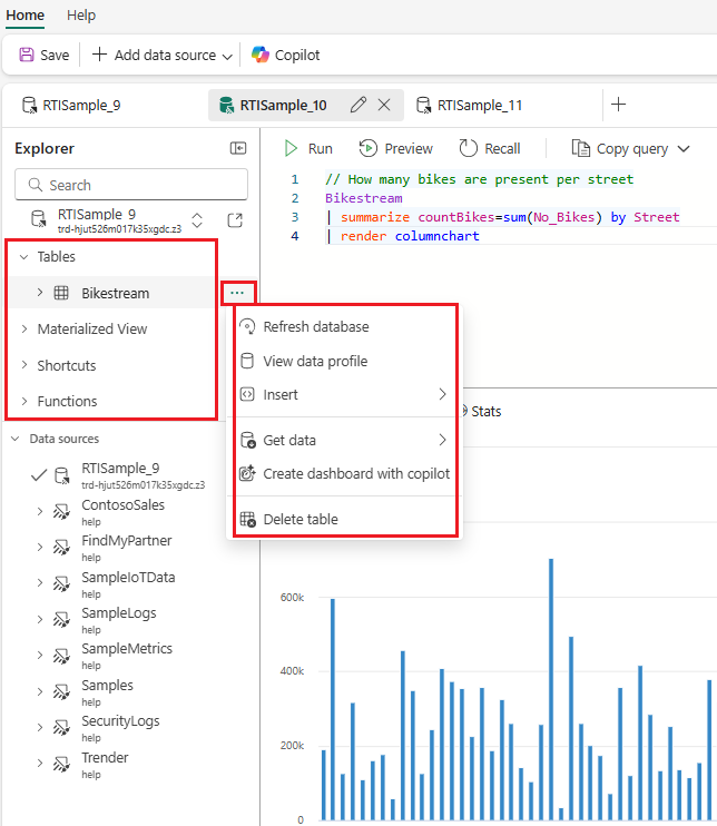 Screenshot showing the explorer pane, how to expand the list of items in your data source and where to find the More actions menu.