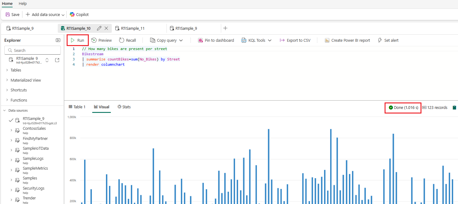 Screenshot of the KQL Queryset showing the results of a query. Both the query and the results pane are highlighted.