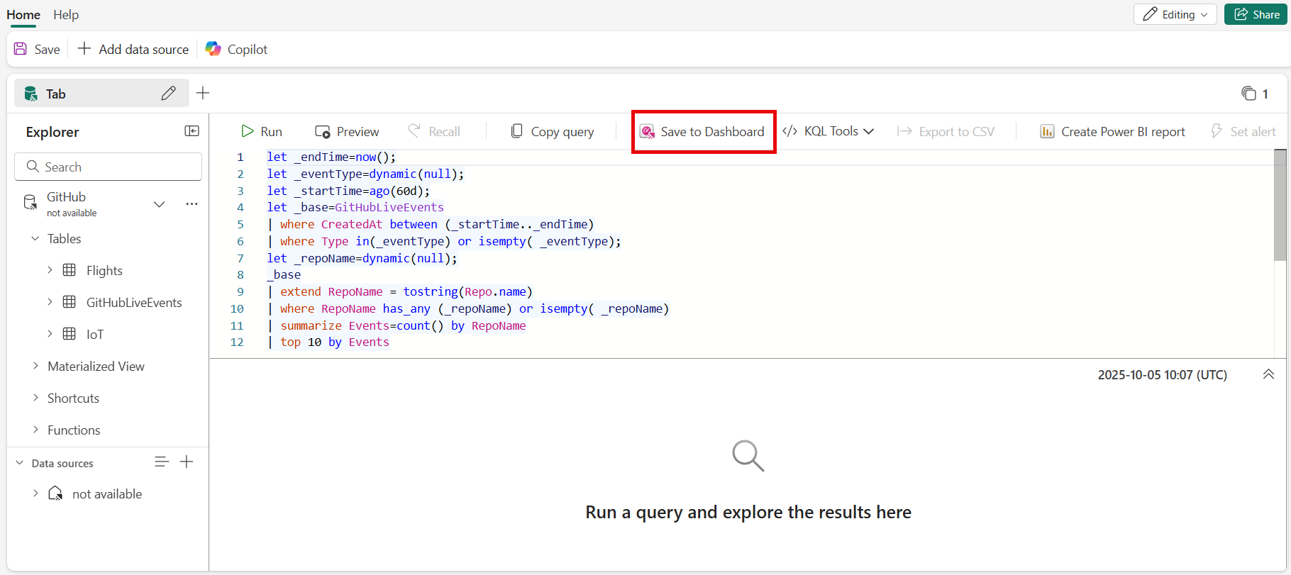 Screenshot of the save query to dashboard button in a queryset query.