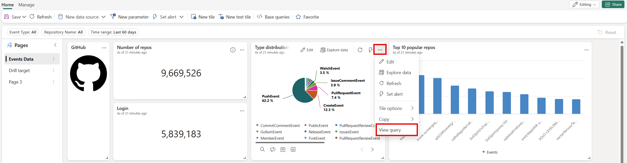 Screenshot of the View query menu for a tile on the dashboard.