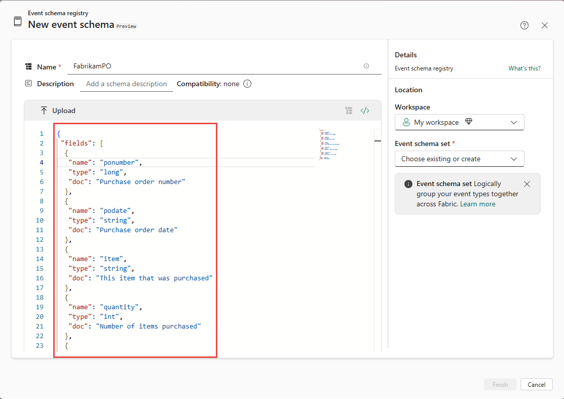 Screenshot that shows the JSON code in the code editor to build a schema.