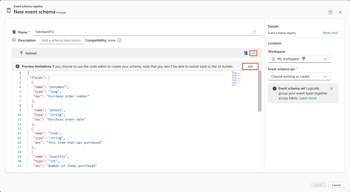 Screenshot that shows the code editor to build a schema.